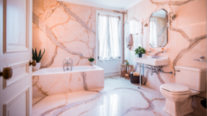 A luxurious bathroom with pink marble walls and flooring, a freestanding bathtub, and a vintage-style vanity.