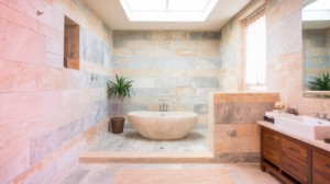 A spacious bathroom with a freestanding bathtub, large windows, and a textured stone wall.