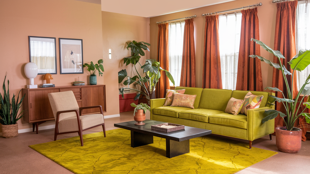 A mid-century modern living room with a vibrant green sofa, warm orange curtains, and a collection of houseplants.