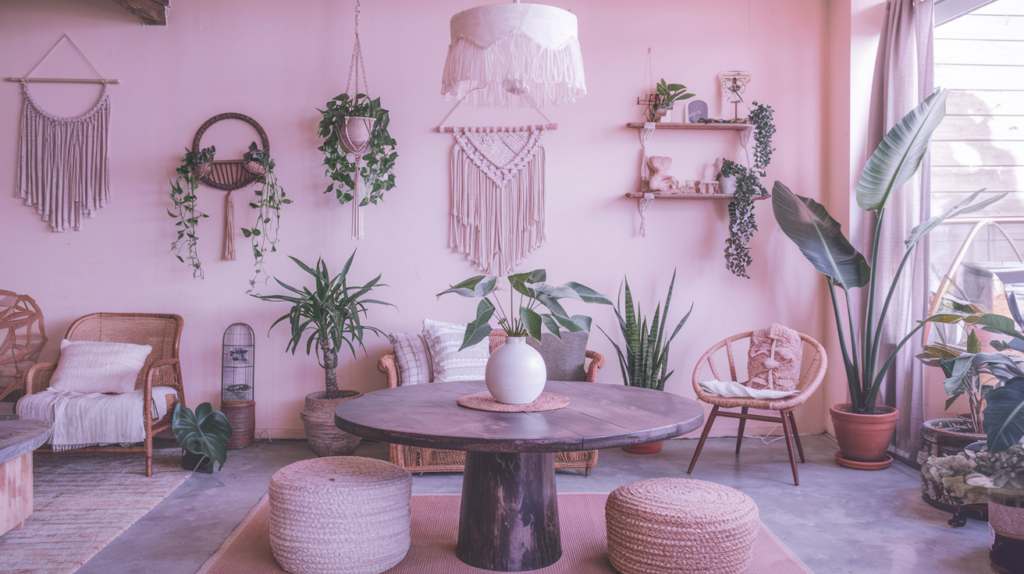 A bohemian-style living room with a pink wall, macrame wall hangings, hanging plants, and a round wooden table with chairs and ottomans.