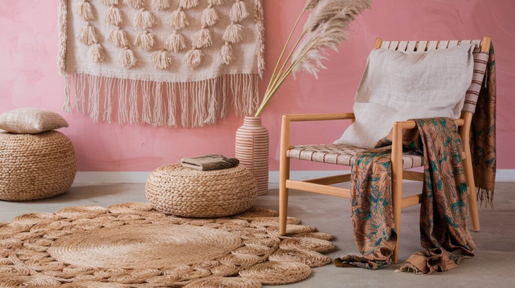 A bohemian-inspired corner with a comfortable chair, a woven ottoman, and natural decor elements like dried pampas grass and a jute rug.