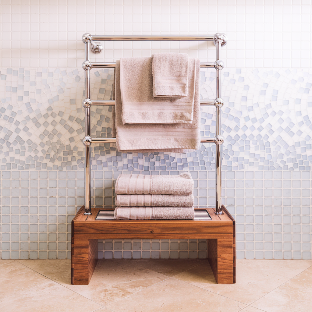 A modern bathroom detail featuring a chrome towel warmer and a teak bench, showcasing a sophisticated design aesthetic.