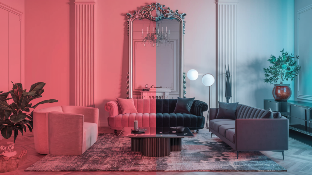 A modern living room with a dramatic color scheme, featuring a pink and black sofa, ornate mirrors, and a collection of plants.