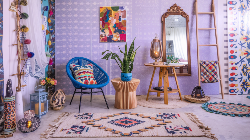 A vibrant bohemian-style room with colorful accents, a patterned rug, a blue chair, and a ladder leaning against the wall.