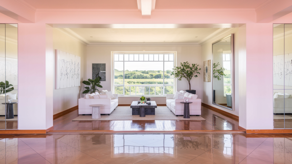 A spacious living space with white walls, and large windows offering a scenic view.