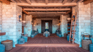 A traditional Moroccan-inspired courtyard with stone walls, wooden beams, and decorative lanterns.