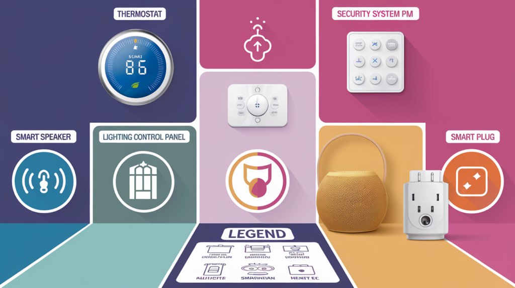 A graphic showing various smart home devices, including a thermostat, security system, smart speaker, lighting control panel, and smart plugs.