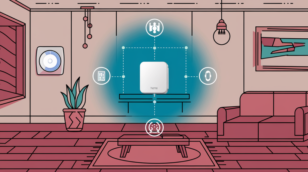 A living room with a smart home hub device in the optimal location.