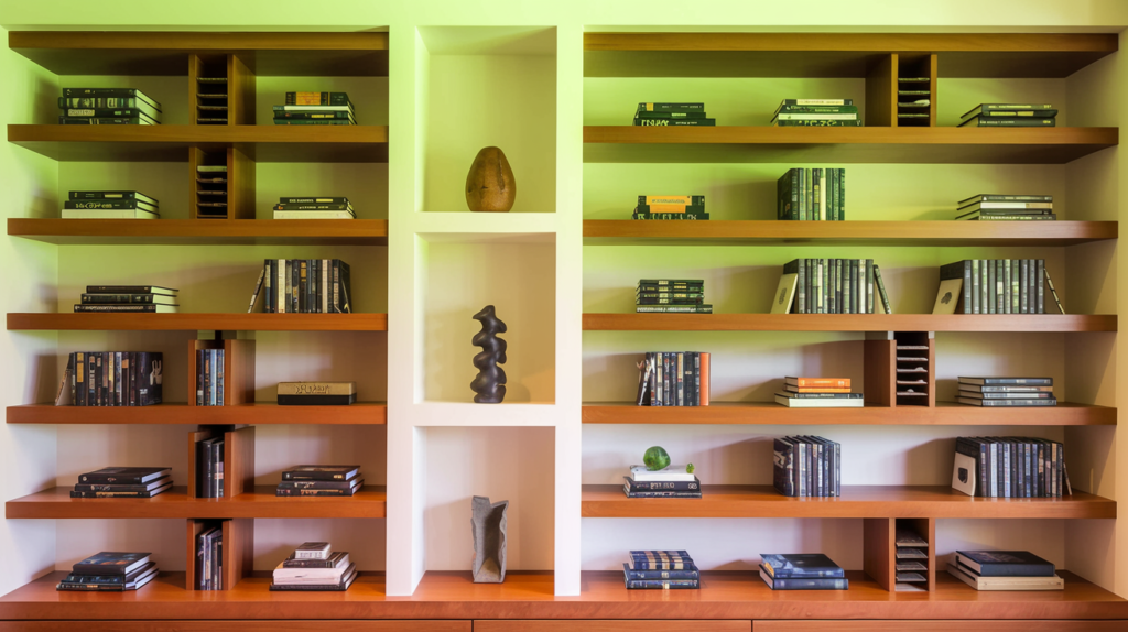 A stylish bookshelf with a mix of open and closed shelves, showcasing a curated collection of books and decorative items.