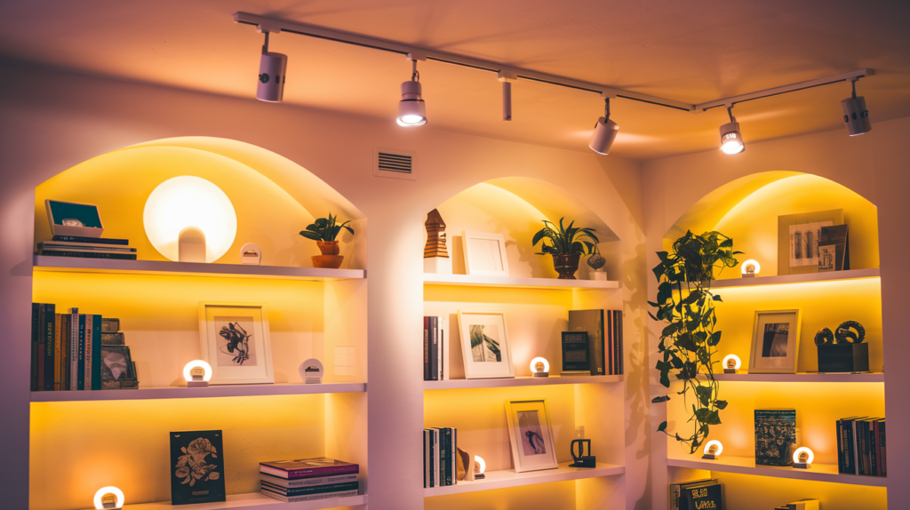  room with display shelves. There are various items on the shelves, including books, plants, and decorative objects.