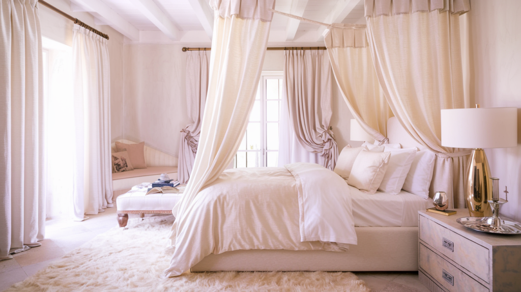 A luxurious bedroom with a canopy bed, sheer curtains, and a plush rug.