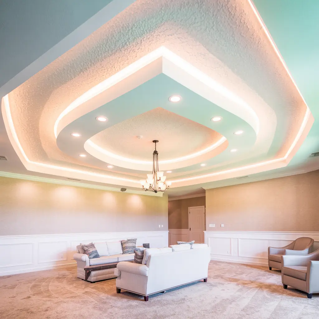 A living room with a textured tray ceiling featuring multiple layers and recessed lighting. The room has a beige carpet, white sofa, and patterned walls.