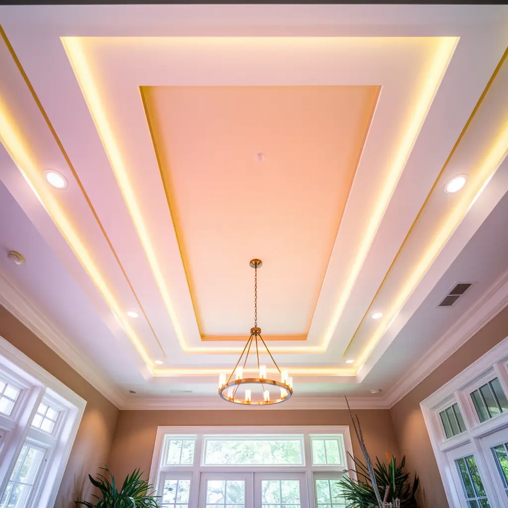 A luxurious living room with a multi-layered tray ceiling, recessed lighting, and LED strip lights. The room features a beige carpet, white sofa, and patterned walls.