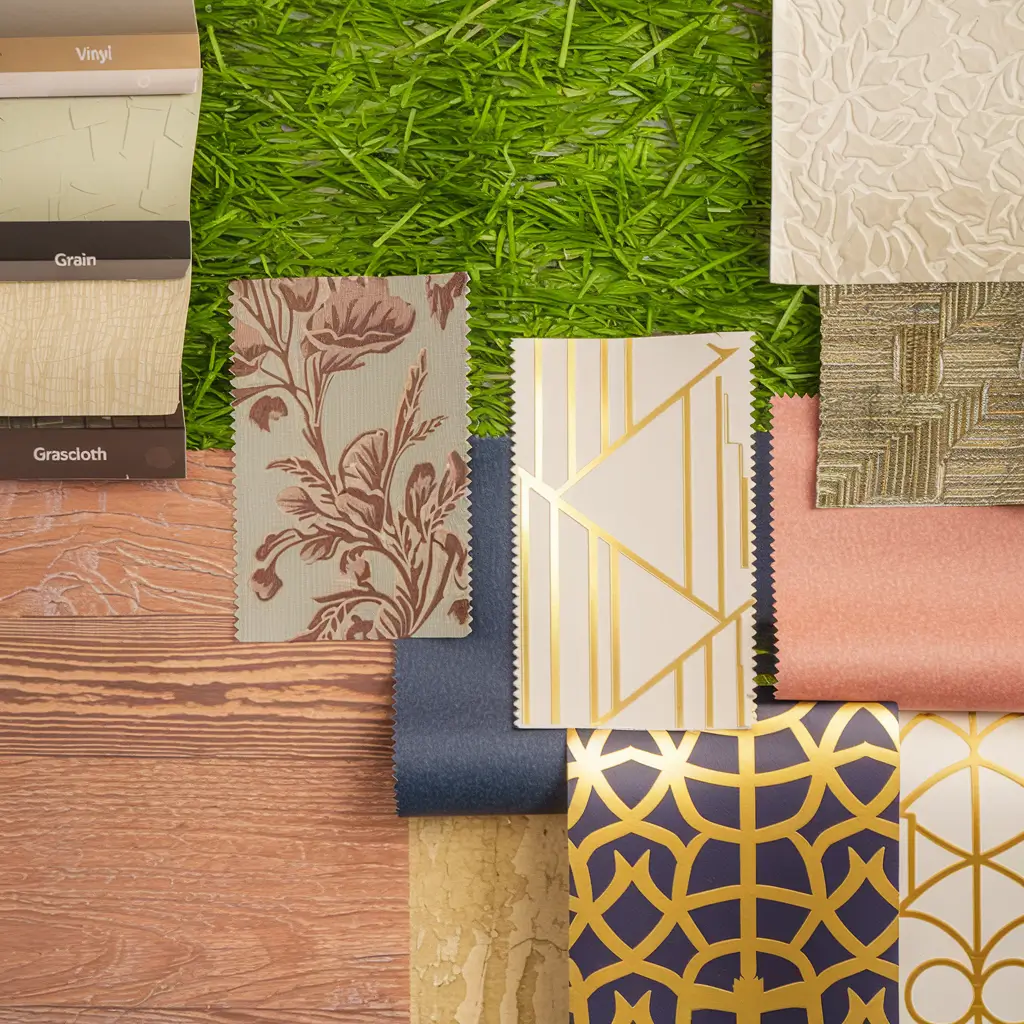 A wallpaper sample board with a variety of textures and patterns, including vinyl, grasscloth, and fabric.