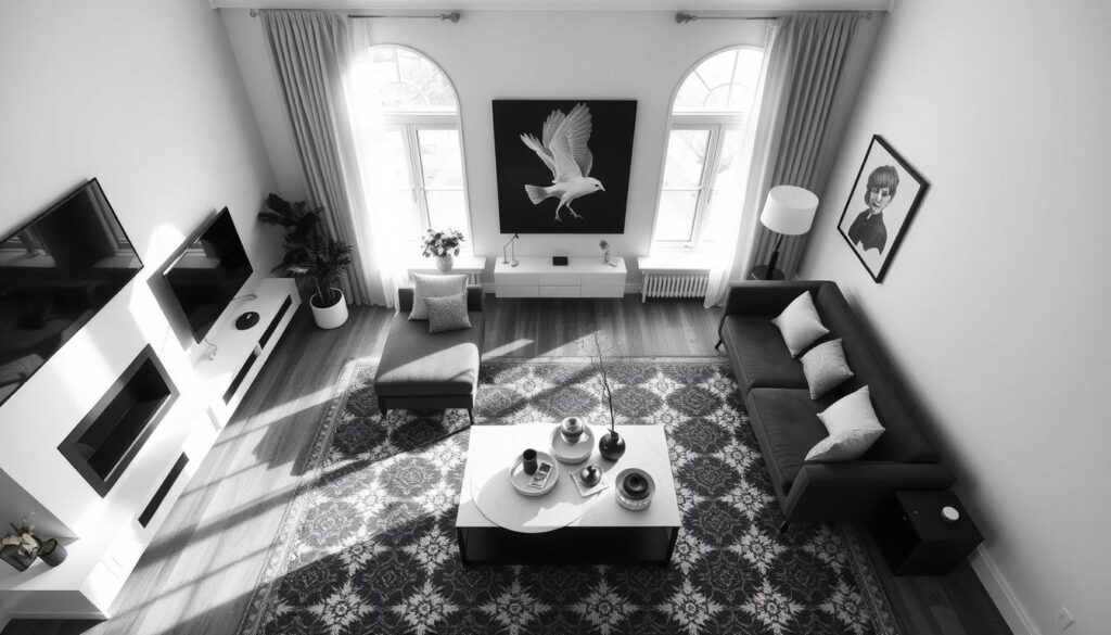 Birds Eye View Living Room Monochrome Design