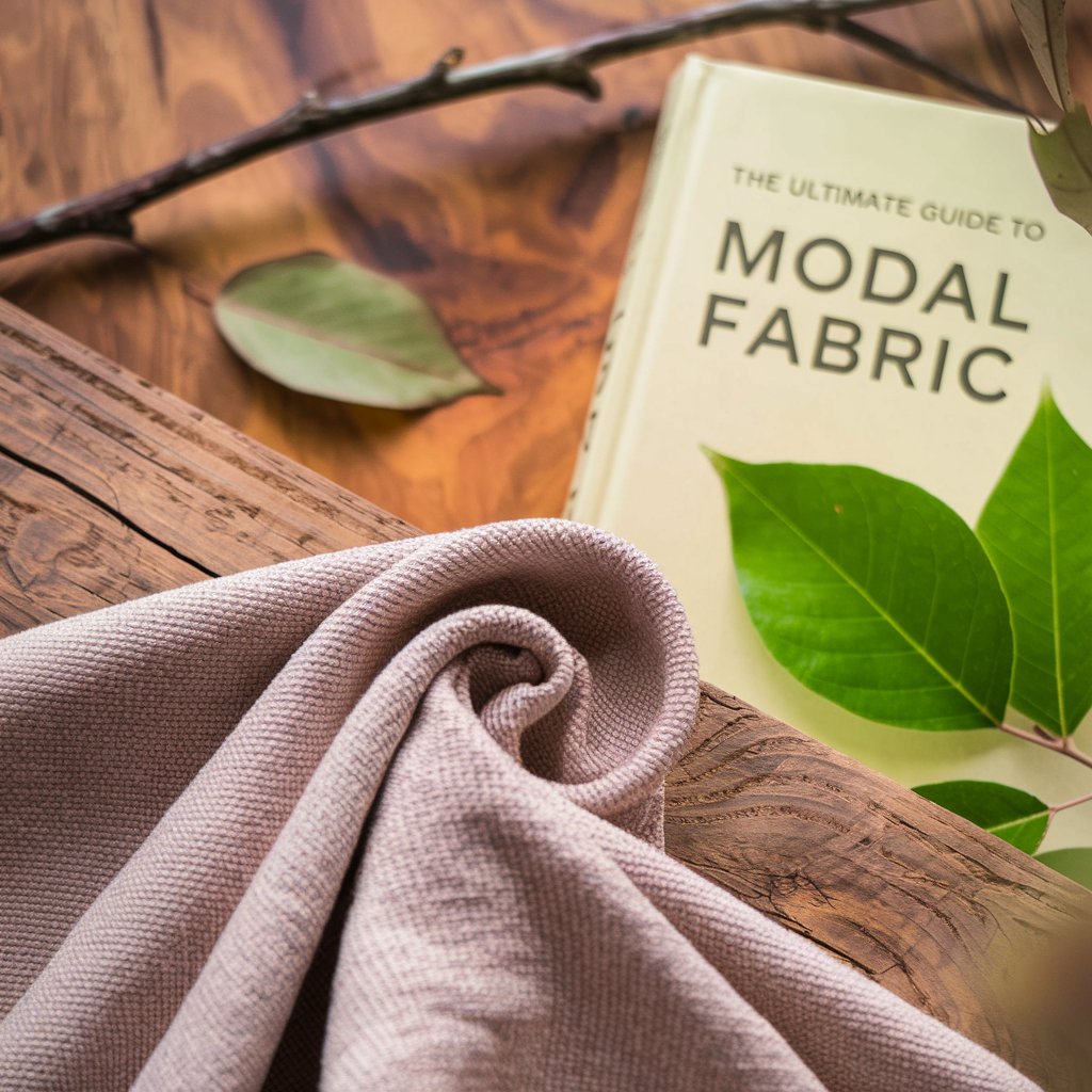 A beige modal fabric swatch elegantly folded, placed on a rustic wooden surface, with a book titled "The Ultimate Guide to Modal Fabric" featuring a green leaf on the cover in the background.