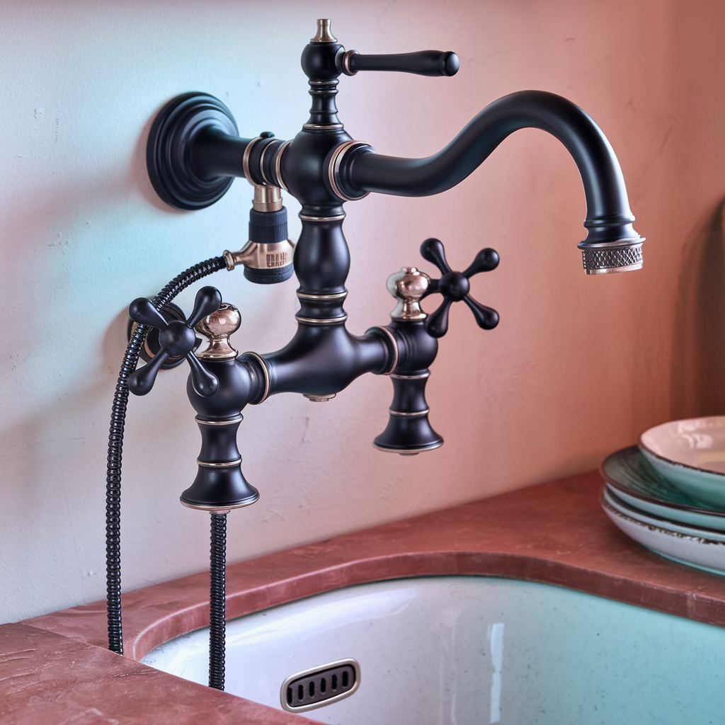 A vintage-inspired wall-mounted faucet with a black finish and brass accents.