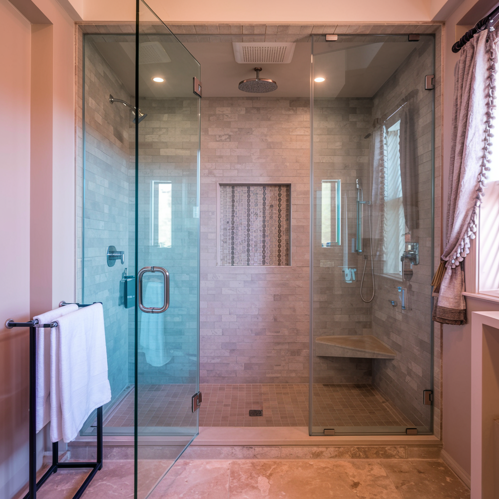 A spacious walk-in shower with glass doors, multiple showerheads, a built-in seat, and a decorative tile accent wall.