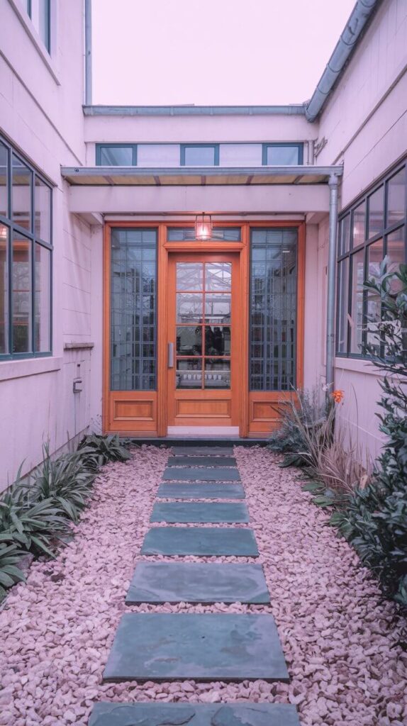 A photo of a garden entrance with a wooden door and a glass window, framed by lush greenery.