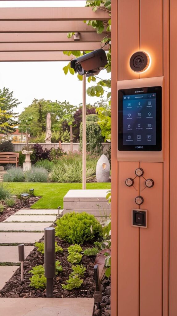 A smart garden entrance with a touchscreen panel, sensors, and a camera, overlooking a beautiful and well-maintained garden.