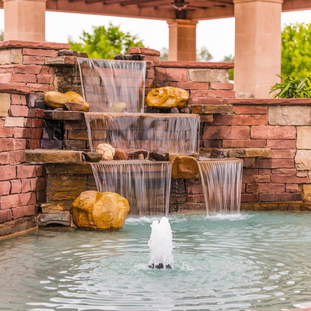 A serene water feature with a cascading wall, a small fountain, and a pool with rocks.