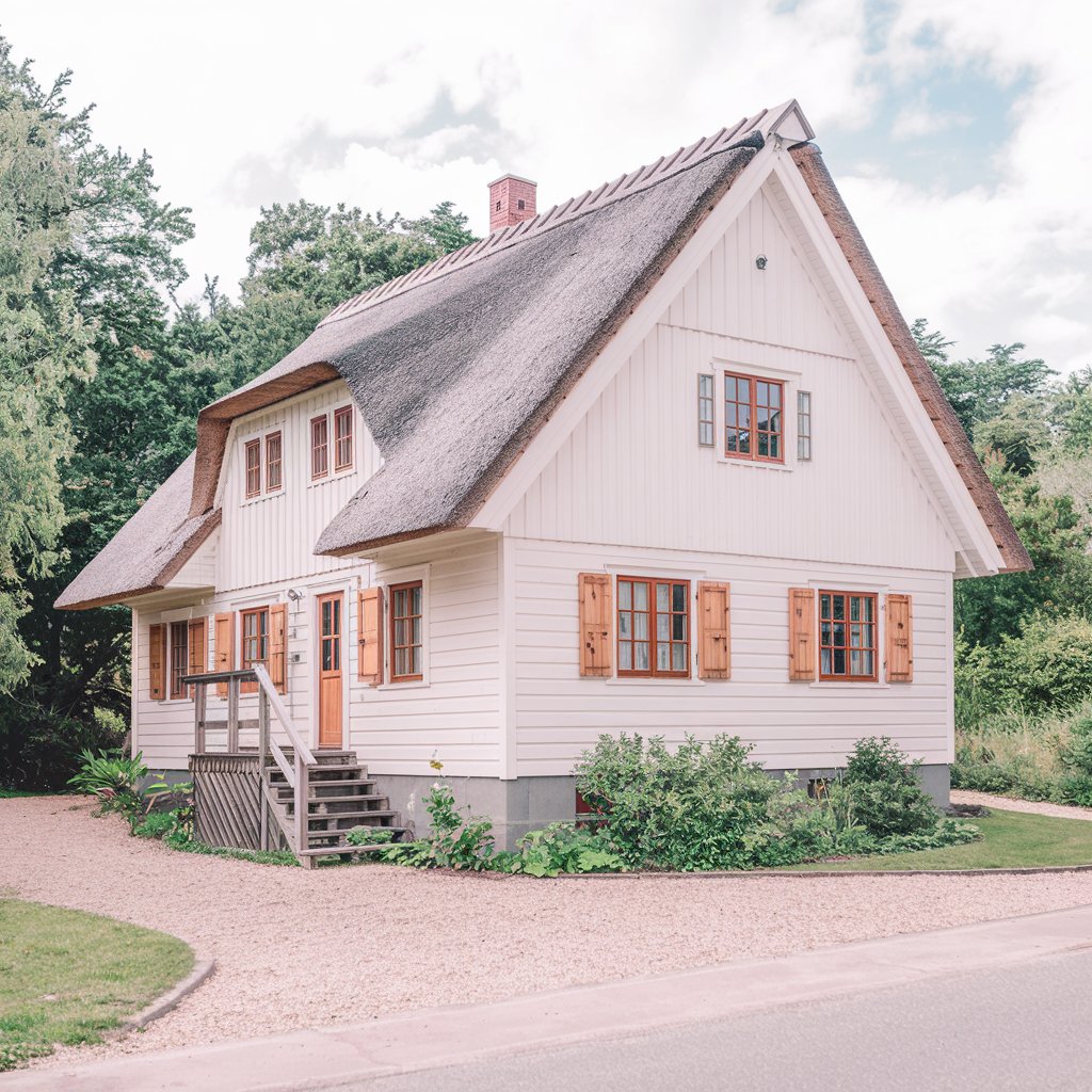 A white house with a thatched roof and brown shutters, surrounded by trees and a gravel driveway.