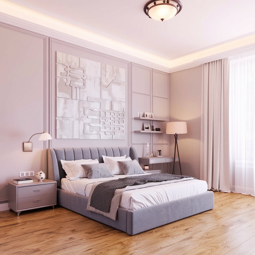 A modern gray-themed bedroom with a stylish bed, light wooden flooring, and soft lighting.