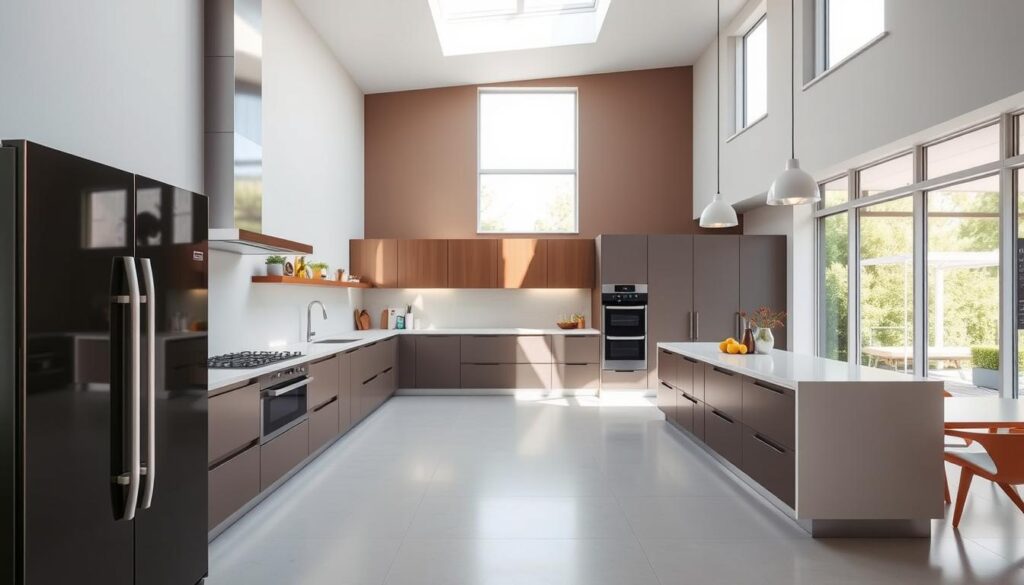 kitchen design with modern appliances and complementary colors