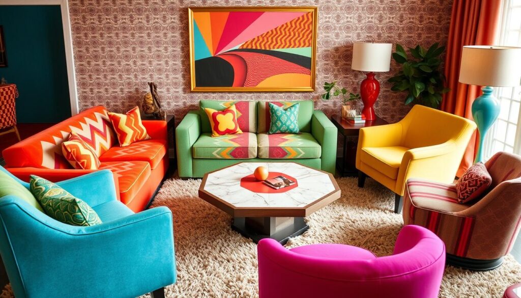 retro furniture with geometric patterns